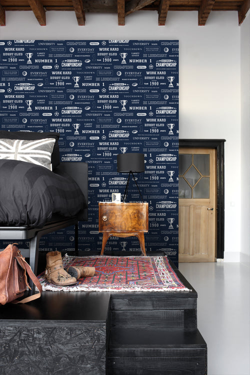 ESTAhome behang sportquotes donkerblauw - 53 cm x 10.05 m - 128816