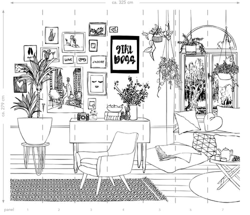 ESTAhome fotobehang tekening woonkamer zwart wit - 325.5 x 279 cm - 159097