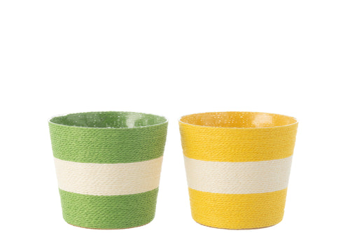 J-Line bloempot Touwtjes Streep - papier - geel/groen - large - 2 stuks - Ø 17.5 cm - vtwonen shop