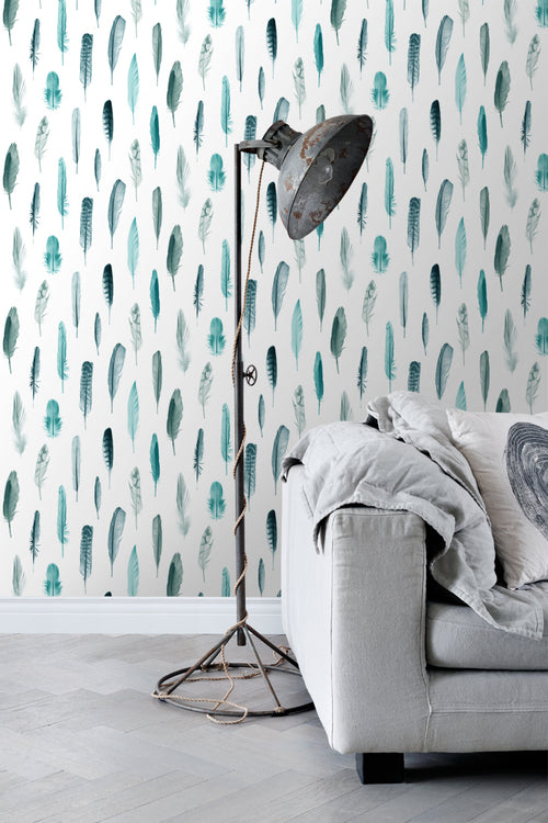 ESTAhome behang veren turquoise en mat wit - 53 cm x 10.05 m - 138895