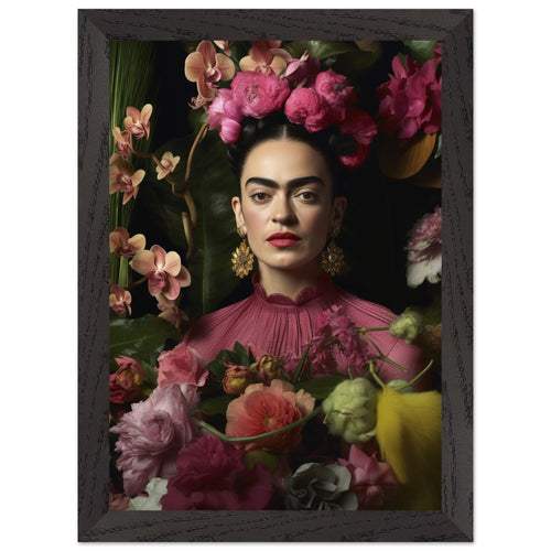 Artfulprints Poster met Lijst Frida Kahlo - Floral portrait   - A4 21x29.7 cm - Roze