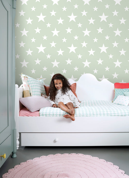 ESTAhome behang grote en kleine sterren mintgroen en wit - 53 cm x 10.05 m - 128865