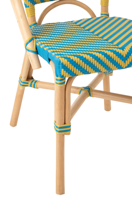 J-Line stoel Ego - riet - geel/azuurblauw - 2 stuks