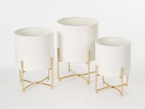 Mica Decorations Aries Bloempot op Standaard - Set van 3 - H32 x Ø24 cm - Wit - vtwonen shop