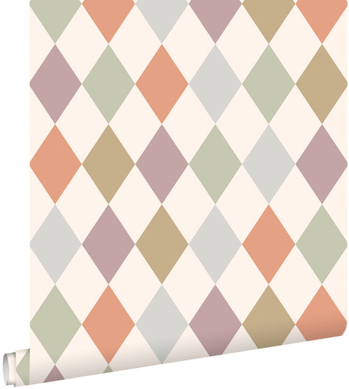 ESTAhome behang ruitjes beige, paars en terracotta - 50 x 900 cm - 131764