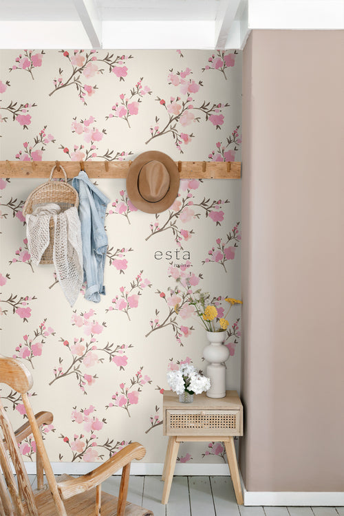 ESTAhome eco-texture vliesbehang kersenbloesems beige en roze - 0,53 x 10,05 m - 148716 - vtwonen shop