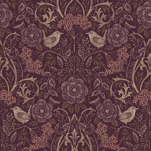 ESTAhome behang bloemen en vogels aubergine paars - 50 x 900 cm - 131635 - vtwonen shop