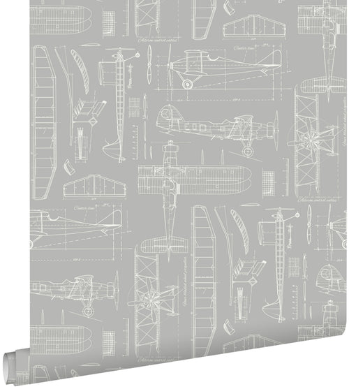 ESTAhome behang constructietekeningen van vliegtuigen taupe - 53 cm x 10.05 m - 128811
