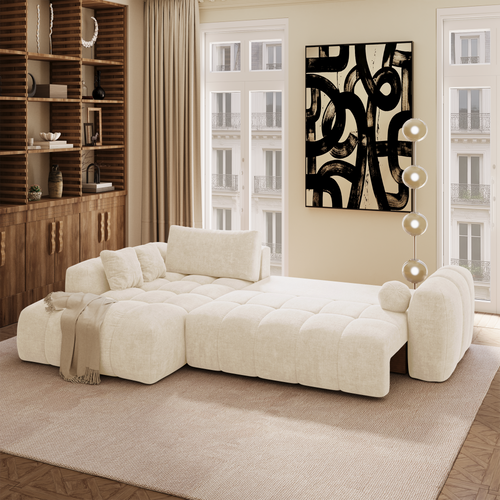 Premium Interiors - Linkshoekbank met slaapfunctie en opbergruimte SKY - kruisbinding  crème 310cm