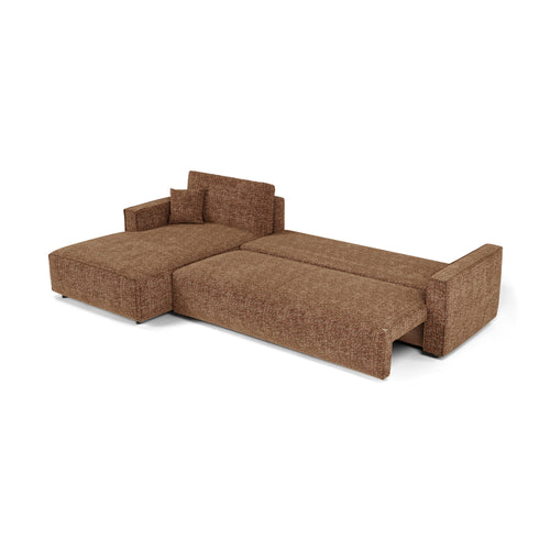 Premium Interiors - Linkshoekbank met slaapfunctie en opbergruimte  - stof met tweed-effect karamel 197cm