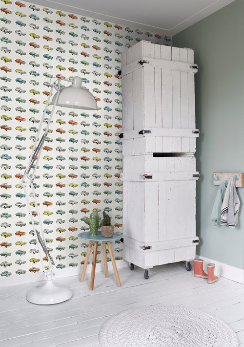 ESTAhome behang vintage auto's oranje, okergeel en groen - 53 cm x 10.05 m - 138732