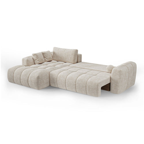 Premium Interiors - Linkshoekbank met slaapfunctie en opbergruimte SKY - gewaafd fluweel crème 310cm