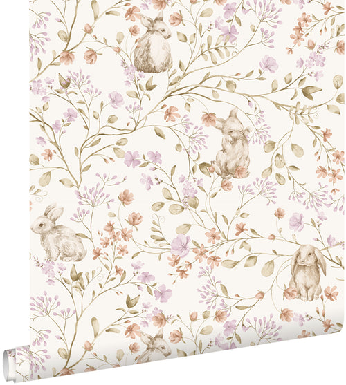 ESTAhome behang konijnen lichtpaars, groen en beige - 0.53 x 10.05 m - 131703