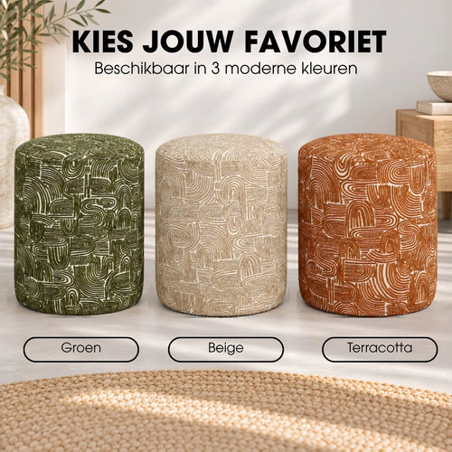 Mica Decorations Groove Kruk Groen FSC 100% - Decoratieve Kruk met Grafisch Patroon en Houten Pootjes - Ronde Kruk als Zitplek, Voetenbankje of