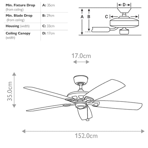 152 cm Deckenventilator mit Zugkette und 5 Flügeln, Mattweiß
