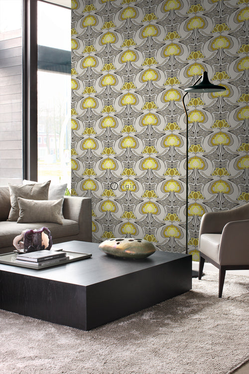 Origin Wallcoverings behang jugendstil bloemmotief okergeel en grijs - 53 cm x 10,05 m - 347206 - vtwonen shop