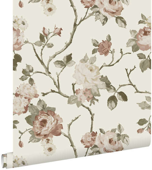 ESTAhome behang vintage bloemen gebroken wit en oudroze - 53 cm x 10.05 m - 139406