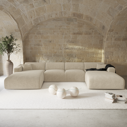Sia Home - Panoramische bank MYRA - getextureerd fluweel beige 356cm