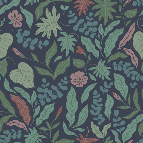ESTAhome behang bladeren en bloemen donkerblauw, groen en roze - 50 x 900 cm - 131054 - vtwonen shop