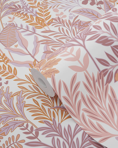 ESTAhome behang tropische bladeren en bloemen oranje en paars - 50 x 900 cm - 131667