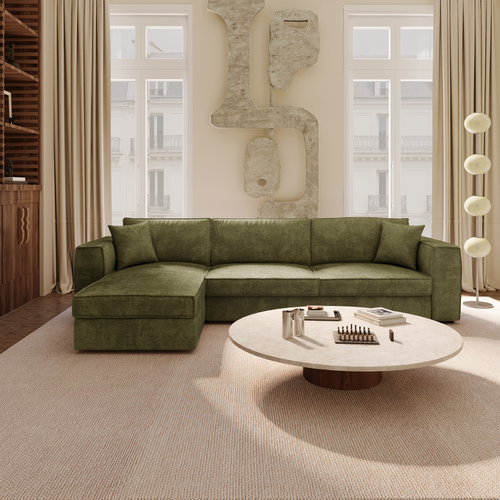 Premium Interiors - Hoekbank (links) MIKA - zacht aanvoelende geweven stof vintage groen 292cm