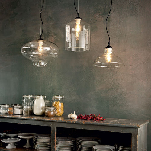 Ideal Lux Bistro' - 1 Light Dome plafondlamp zwart helder geblazen glasplaat, E27