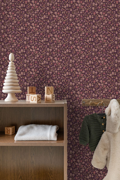 ESTAhome behang bloemetjes aubergine paars - 50 x 900 cm - 131636