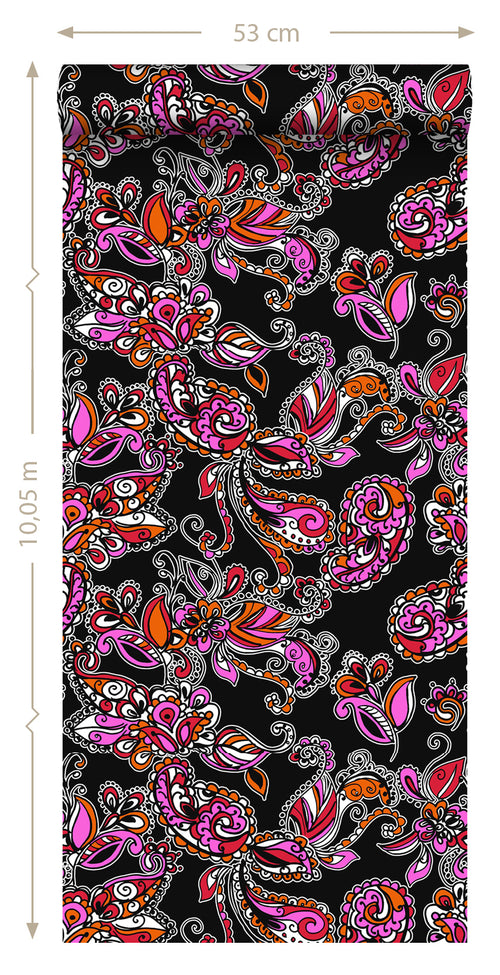 ESTAhome behang funky bloemen en paisleys zwart en rood - 53 cm x 10.05 m - 136842