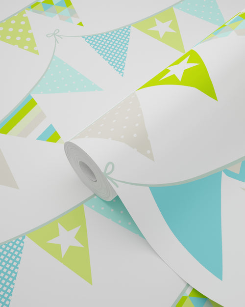 ESTAhome behang vlaggetjes turquoise, limegroen en beige - 53 cm x 10.05 m - 138719
