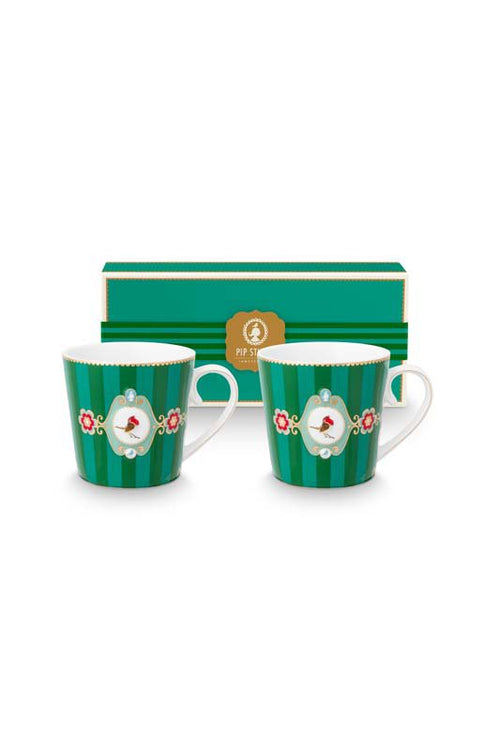 Pip Studio Mokken - Love Birds Medallion - Groen Gestreept - 300ml - Set van 2