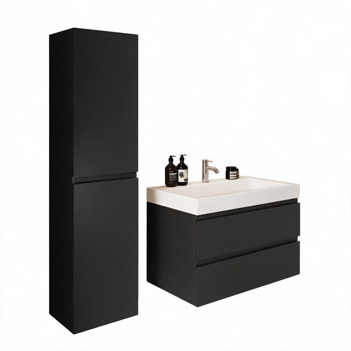 LOMAZOO badmeubelset Azuro - met kolomkast & witte wastafel - mat zwart - 80 cm
