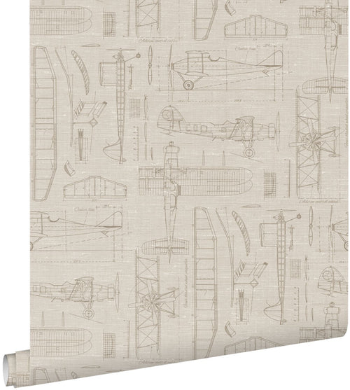 ESTAhome behang constructietekeningen van vliegtuigen beige en zandkleurig - 50 x 900 cm - 139959
