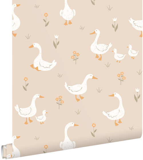 ESTAhome behang schattige ganzen beige en oranje - 50 x 900 cm - 131832