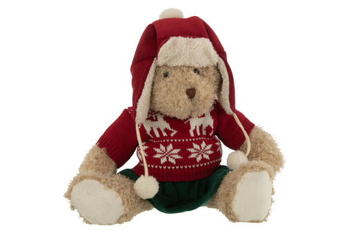 J-Line knuffel Beer Meisje Kersttrui + Muts - textiel - beige/rood - large