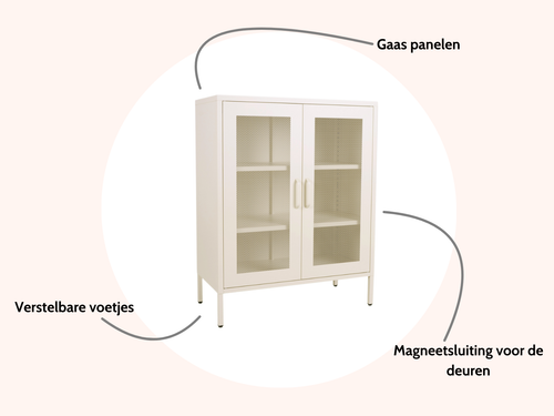 MaximaVida metalen locker vitrine kast Finn 102 x 80 x 40 cm ivoor - 2 schappen - vtwonen shop