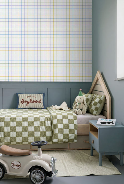 ESTAhome behang geblokt motief geel, groen, paars en blauw - 50 x 900 cm - 132053