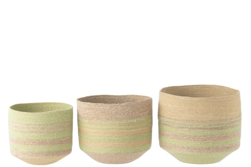 J-Line mand Strepen - riet - naturel/groen - set van 3