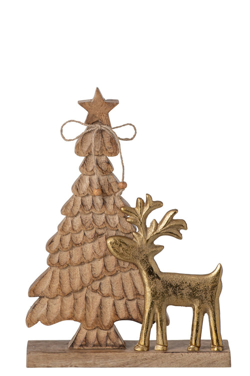 J-Line Kerstboom en rendier - mangohout - naturel/goud