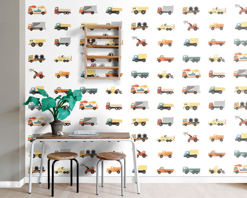 ESTAhome XXL behang vrachtwagens en tractoren geel, oranje en blauw - 50 x 900 cm - 159048