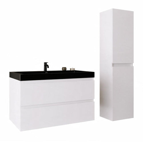 LOMAZOO badmeubelset Avalon - met hoge kast & zwarte wastafel - glanzend wit - 80 cm
