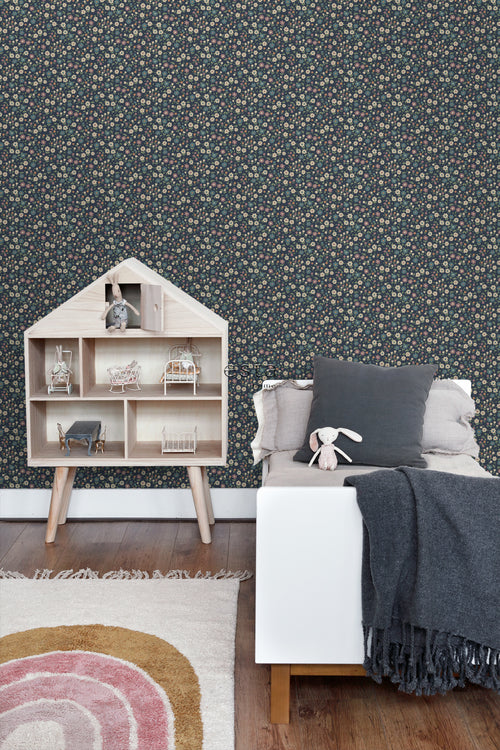 ESTAhome behang bloemetjes donkerblauw, lila roze en vergrijsd groen - 53 cm x 10.05 m - 139471