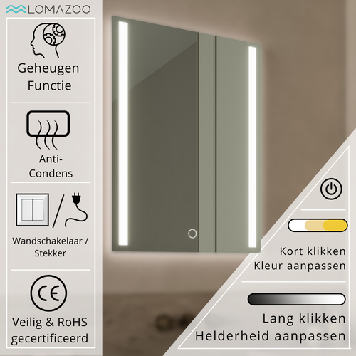 LOMAZOO badkamerspiegel Phoenix - met LED verlichting & anti condens - rechthoekig - 80 x 60 cm