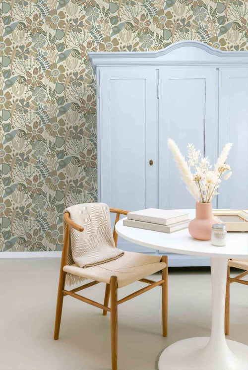 ESTAhome behang bloemmotief beige, blauw en groen - 53 cm x 10.05 m - 139676