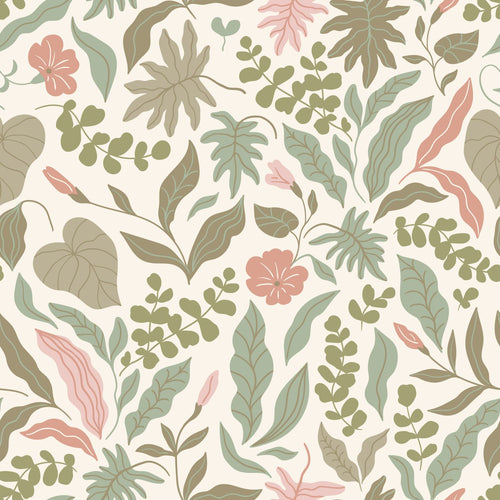 ESTAhome behang bladeren en bloemen vergrijsd groen en roze - 50 x 900 cm - 131050 - vtwonen shop