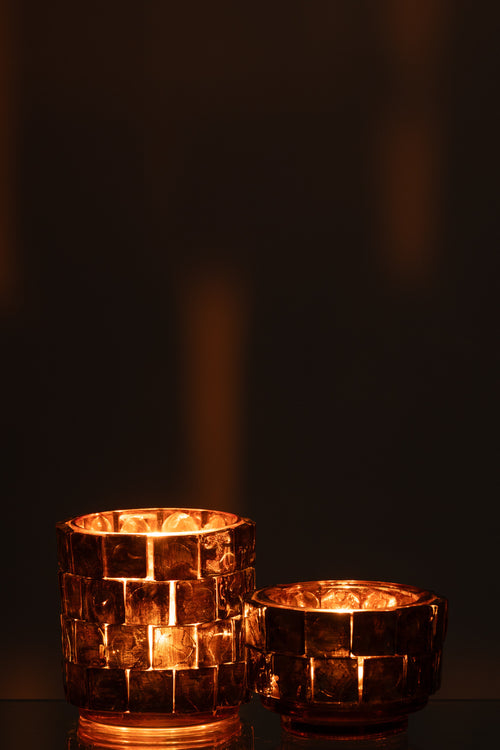 J-Line theelichthouder Vierkant mozaiek - glas - bruin - large