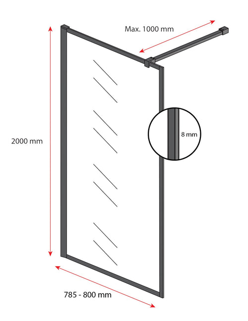 Badplaats Douchewand Georgia 80 x 200 cm – Zwart – Inloopdouche 8 mm Veiligheidsglas