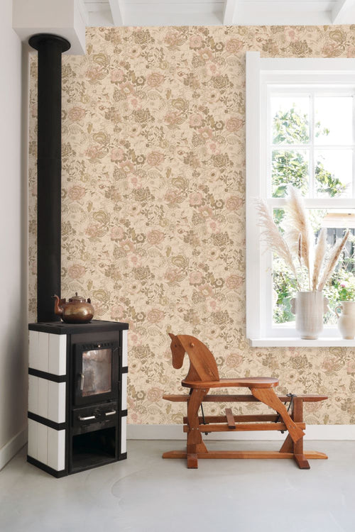 ESTAhome behang vintage bloemen lichtbruin en oudroze - 50 x 900 cm - 139764