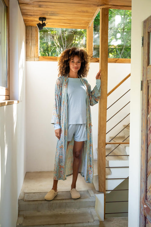 Pip Studio - Bob Pyjama Korte Broek Dames - Thousand Leaves - Lichtblauw - XL
