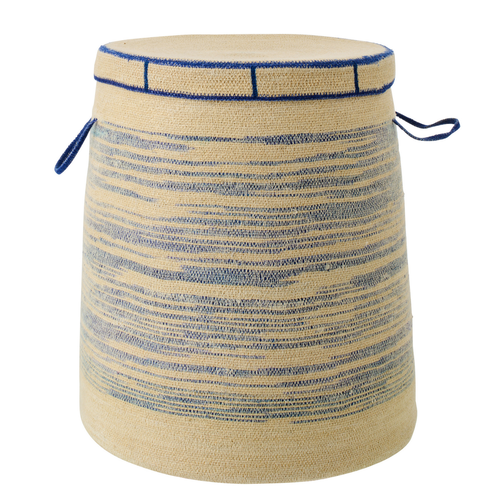 J-Line mand Met Handvat + Deksel Gestreept - zeegras - naturel/blauw