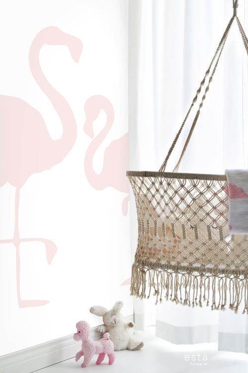 ESTAhome fotobehang flamingo's moeder en kind licht roze en wit - 186 x 279 cm - 158838